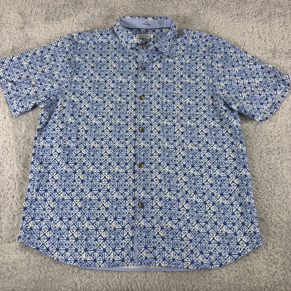 Tommy Bahama Mens XXL Blue White Geometric Silk Blend Coolmax Short Sleeve Shirt - Picture 2 of 9